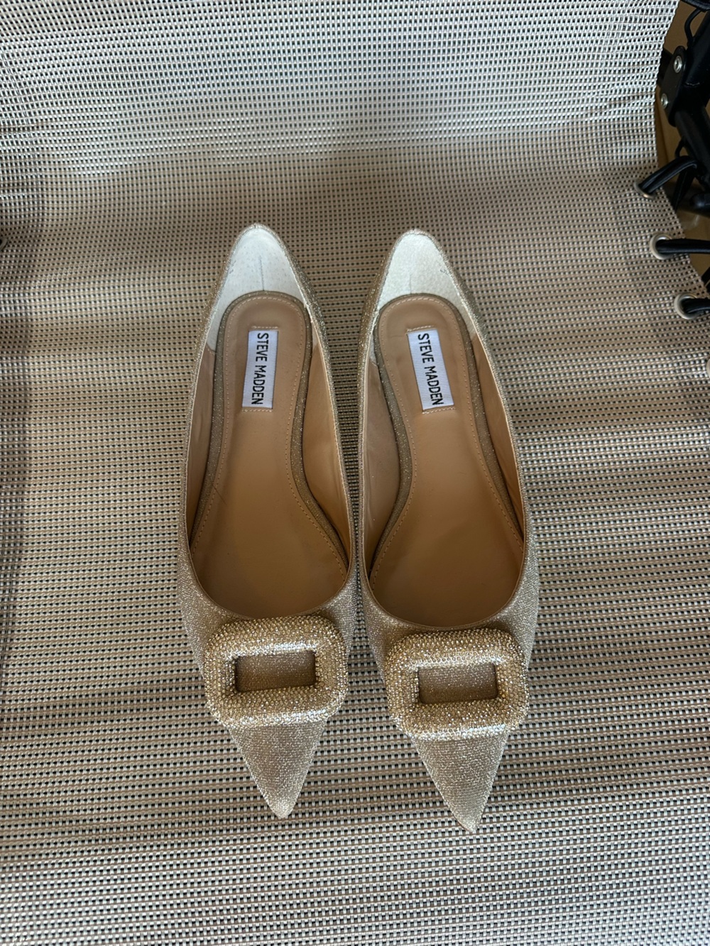 Steve Madden Gold Glitter Pointed Toe Flats with Beaded Buckle